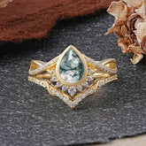 Ultra Luxurious Vintage Pear-Cut Natural Moss Agate Ring Set