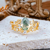 Nature - Inspired 3 Prong Pear Cut Natural Moss Agate Romantic Wedding Ring Sets