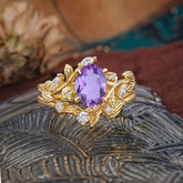 1.15 CT Delicate Leaf Accented 4 Prong Oval Shaped Amethyst Ring Sets