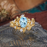 1.15 CT Delicate Leaf Accented 4 Prong Oval Shaped Aquamarine Ring Sets