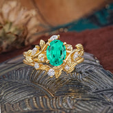 1.15 CT Delicate Leaf Accented 4 Prong Oval Shaped Emerald Ring Sets