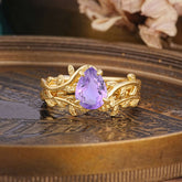 Artistic Vine Themed 4 - Prong Pear Cut Amethyst Stackable Rings