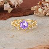 Naturalistic 4 - Prong Hexagon - Cut Natural Amethyst Ring Sets