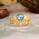 Nature - Inspired 3 - Prong Heart - Cut Natural Moss Agate Stackable Ring Set