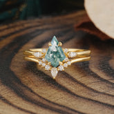 Classic Retro Luxury 4-Prong Kite-Cut Natural Moss Agate Stackable Ring Set