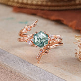 Botanical Hexagon Moss Agate Engagement Ring Suite