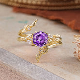 Botanical 4 Prong Hexagon Amethyst Engagement Ring Suite