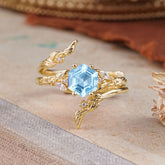 Botanical 4 Prong Hexagon Aquamarine Engagement Ring Suite
