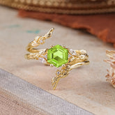Botanical 4 Prong Hexagon Peridot Engagement Ring Suite