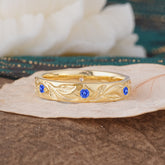 Round Cut Vine Engraved Design Men's Sapphire Promise Ring