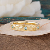 Round Cut Vine Engraved Design Men's Moss Agate Promise Ring