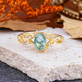 Nature-Inspired Branch-Wrapped 4-Prong Oval Moss Agate Engagement Couple Rings