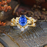 Luxury Nature-Inspired Pear Cut Vintage White 4 Prong Sapphire Ring Pave Engagement Ring Set