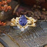 Luxury Nature-Inspired Pear Cut Vintage White 4 Prong Tanzanite Ring Pave Engagement Ring Set