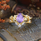 Luxury Nature-Inspired Pear Cut Vintage White 4 Prong Amethyst Ring Pave Engagement Ring Set