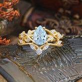Luxury Nature-Inspired Pear Cut Vintage White 4 Prong Aquamarine Ring Pave Engagement Ring Set