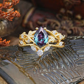 Luxury Nature-Inspired Pear Cut Vintage White 4 Prong Alexandrite Ring Pave Engagement Ring Set