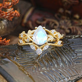 Luxury Nature-Inspired Pear Cut Vintage White 4 Prong Moonstone Ring Pave Engagement Ring Set
