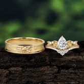 Nature-Inspired Pear-Cut Moissanite Couple's Engagement Ring Set
