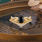 Nature-Inspired Pear-Cut Natural Black Onyx Couple's Engagement Ring Set
