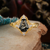 Antique Nature Inspired Coffin-Cut Black Rutilated Quartz Engagement Ring
