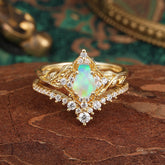 Minimalist Vintage 4-Prong Coffin-Cut Opal Engagement Ring Set