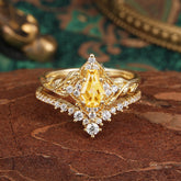Minimalist Vintage 4-Prong Coffin-Cut Citrine Engagement Ring Set