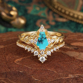 Minimalist Vintage 4-Prong Coffin-Cut Turquoise Engagement Ring Set