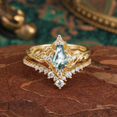 Minimalist Vintage 4-Prong Coffin-Cut Moss Agate Engagement Ring Set