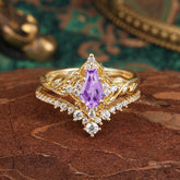 Minimalist Vintage 4-Prong Coffin-Cut Amethyst Engagement Ring Set