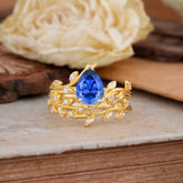 Nature-Inspired Leaf Pear Cut Sapphire Ring Set-2pc
