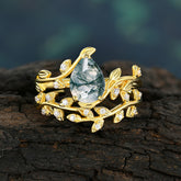 Nature-Inspired Leaf Pear Cut Moss Agate Ring Set-2pc