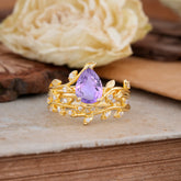 Nature-Inspired Leaf Pear Cut Amethyst Ring Set-2pc