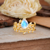 Nature-Inspired Leaf Pear Cut Moonstone Ring Set-2pc