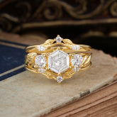 Natural Inspiration Luxury Botanical Hexagon Cut Moissanite Engagement Ring Suite