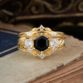 Natural Inspiration Luxury Botanical Hexagon Cut Black Onyx Engagement Ring Suite