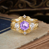 Natural Inspiration Luxury Botanical Hexagon Cut Amethyst Engagement Ring Suite