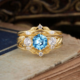Natural Inspiration Luxury Botanical Hexagon Cut Aquamarine Engagement Ring Suite