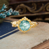 Classic Vintage 4-Prong Round Natural Moss Agate Engagement Ring