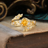 Floral themed 4 Prong Round Citrine Wedding Ring Set