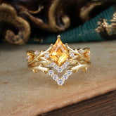 Luxury Vintage 5-Prong Kite-Cut Citrine Engagement Ring Set