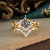 Luxury Vintage 5-Prong Kite-Cut Black Rutilated Quartz Engagement Ring Set