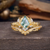 Kite Cut Natural Moss Agate Engagement Ring Set-2pc