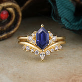 Luxury Vintage Classic 6-Prong Hexagonal-Cut Tanzanite Engagement Ring Set