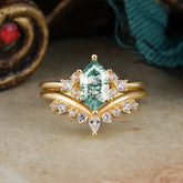 Luxury Vintage Classic 6-Prong Hexagonal-Cut Moss Agate Engagement Ring Set