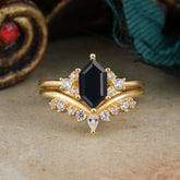 Luxury Vintage Classic 6-Prong Hexagonal-Cut Black Onyx Engagement Ring Set