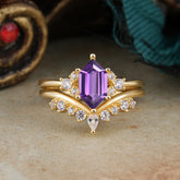 Luxury Vintage Classic 6-Prong Hexagonal-Cut Amethyst Engagement Ring Set