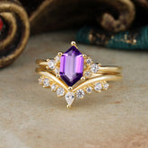 Luxury Vintage Classic 6-Prong Hexagonal-Cut Amethyst Engagement Ring Set