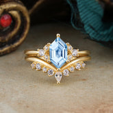 Luxury Vintage Classic 6-Prong Hexagonal-Cut Aquamarine Engagement Ring Set