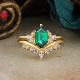 Luxury Vintage Classic 6-Prong Hexagonal-Cut Emerald Engagement Ring Set